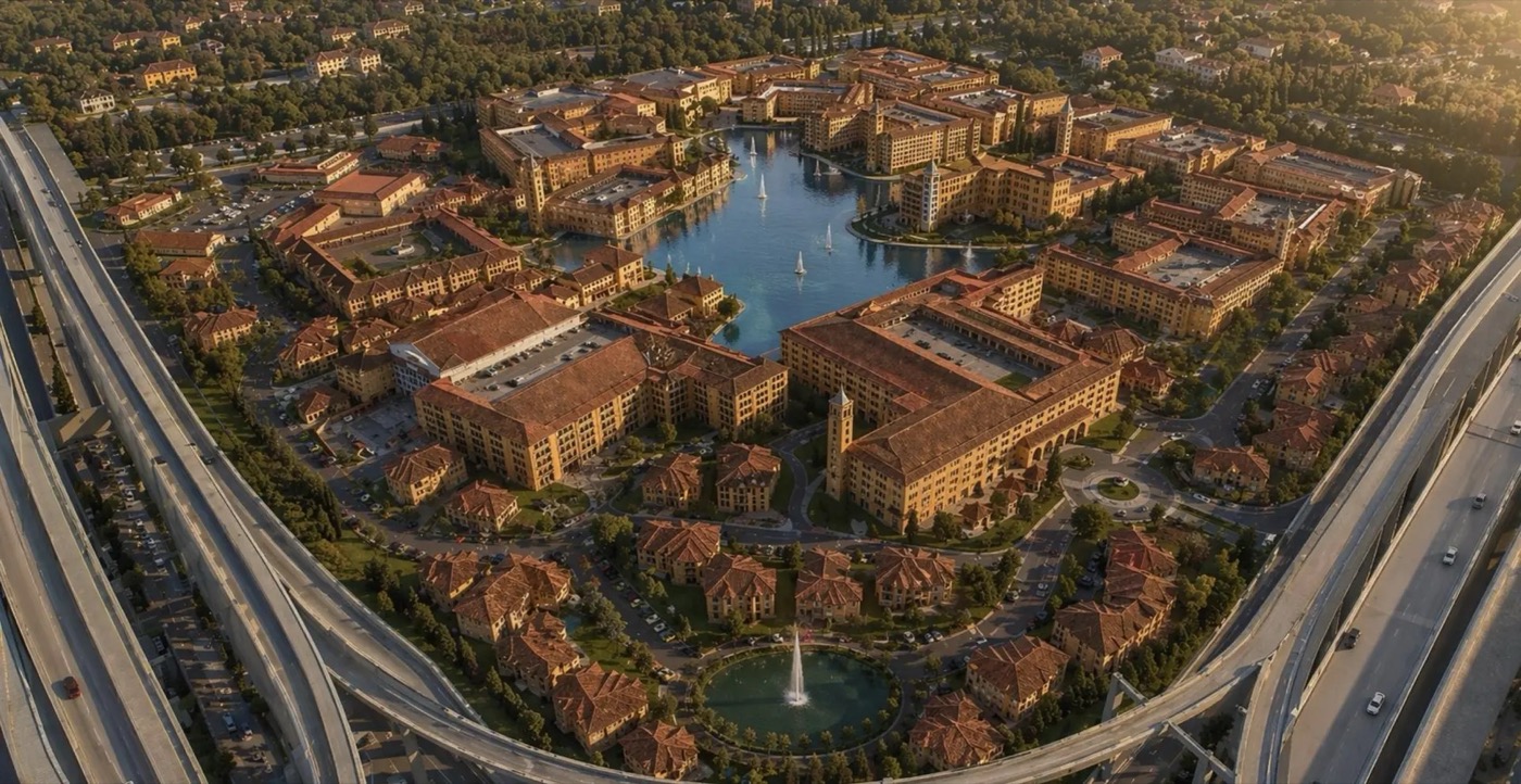 Aerial rendering of The Marco, a proposed mixed-use development at the Dallas North Tollway and US 380 in Prosper, TX